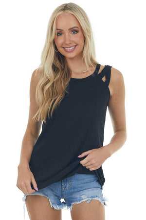 Black Waffle Knit Tank Top with Criss Cross Straps