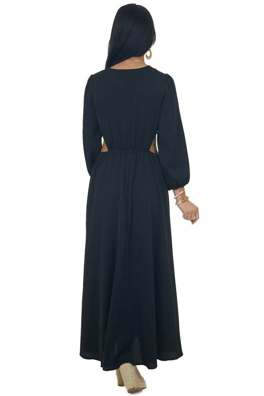 Black Waist Cut Out Ring Detail Maxi Dress