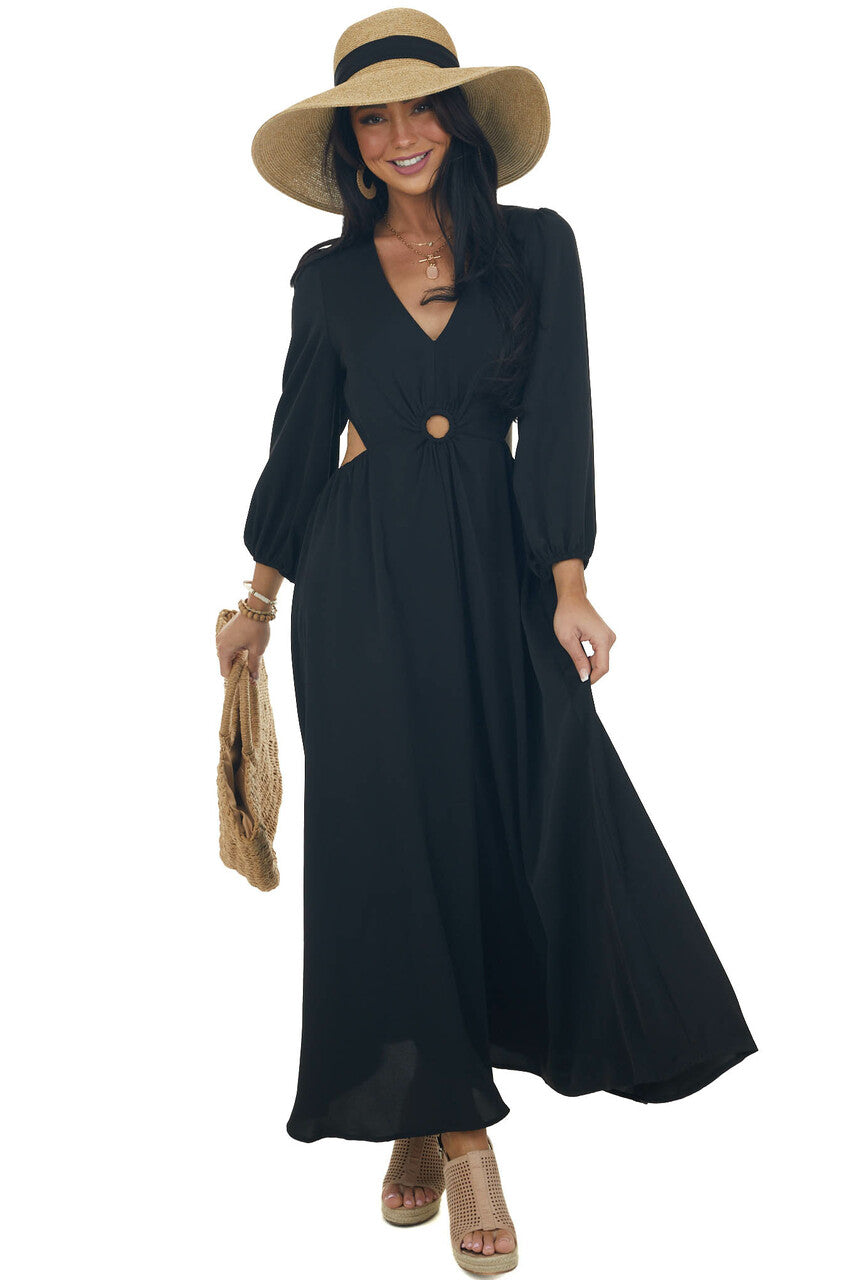 Black Waist Cut Out Ring Detail Maxi Dress