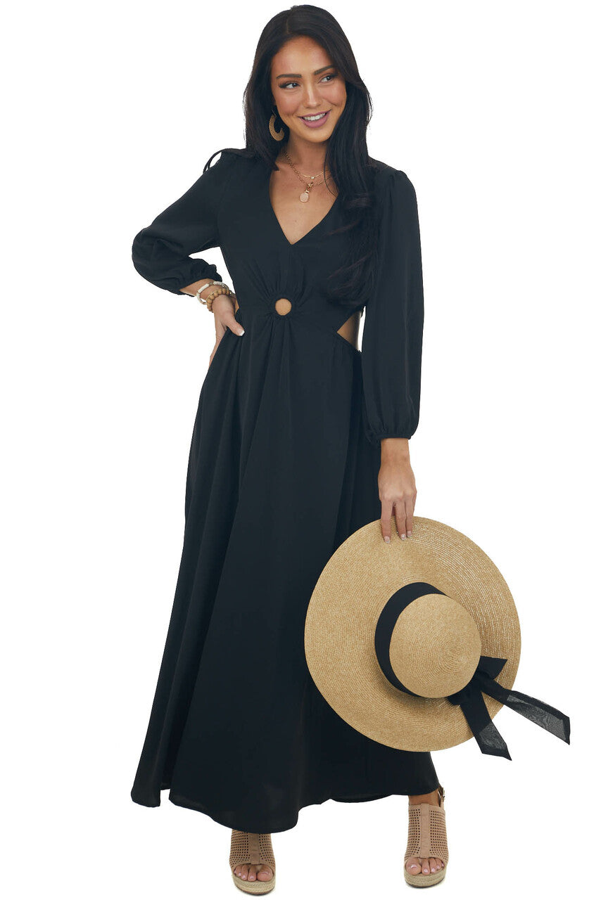 Black Waist Cut Out Ring Detail Maxi Dress