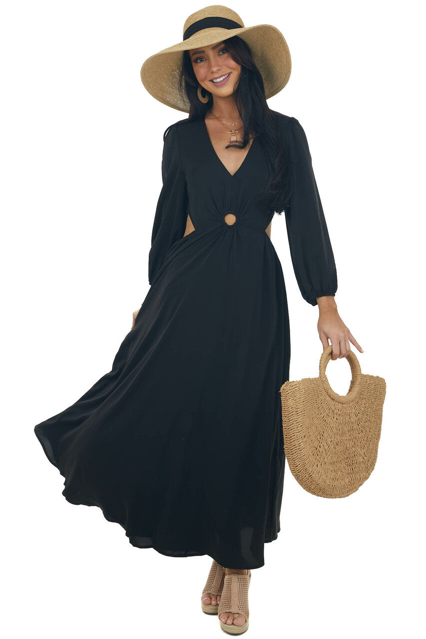Black Waist Cut Out Ring Detail Maxi Dress