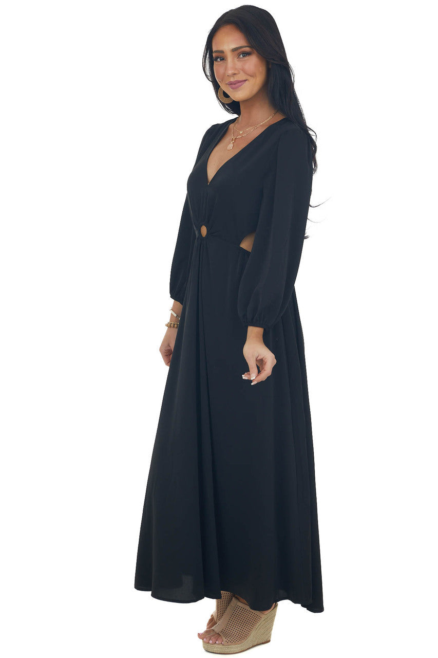 Black Waist Cut Out Ring Detail Maxi Dress