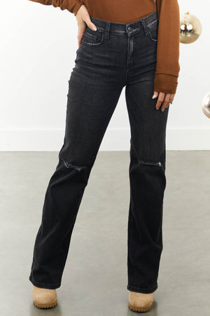 Black Washed Distressed Knee Straight Jeans