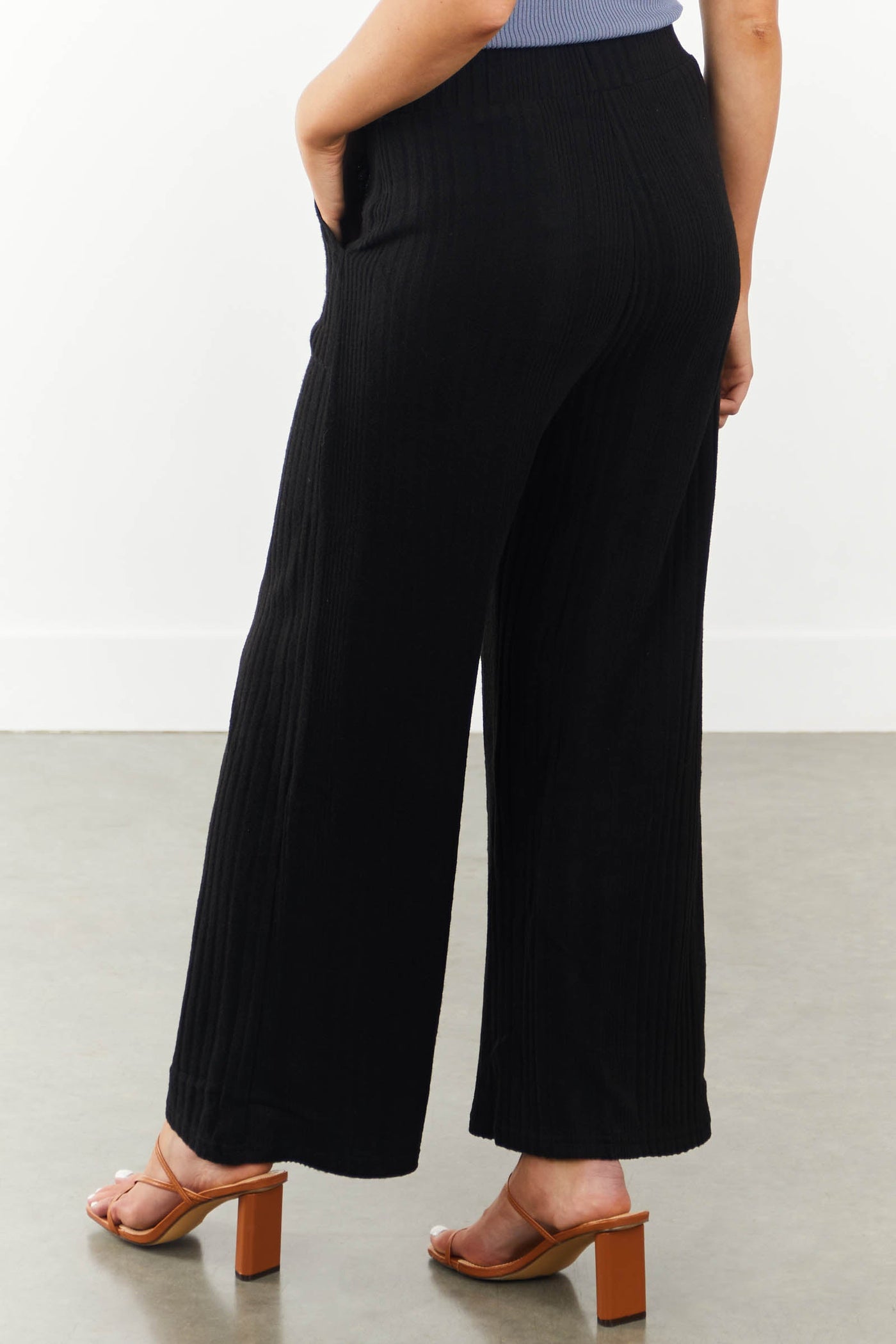 Black Wide Leg Ribbed Pants with Side Pockets