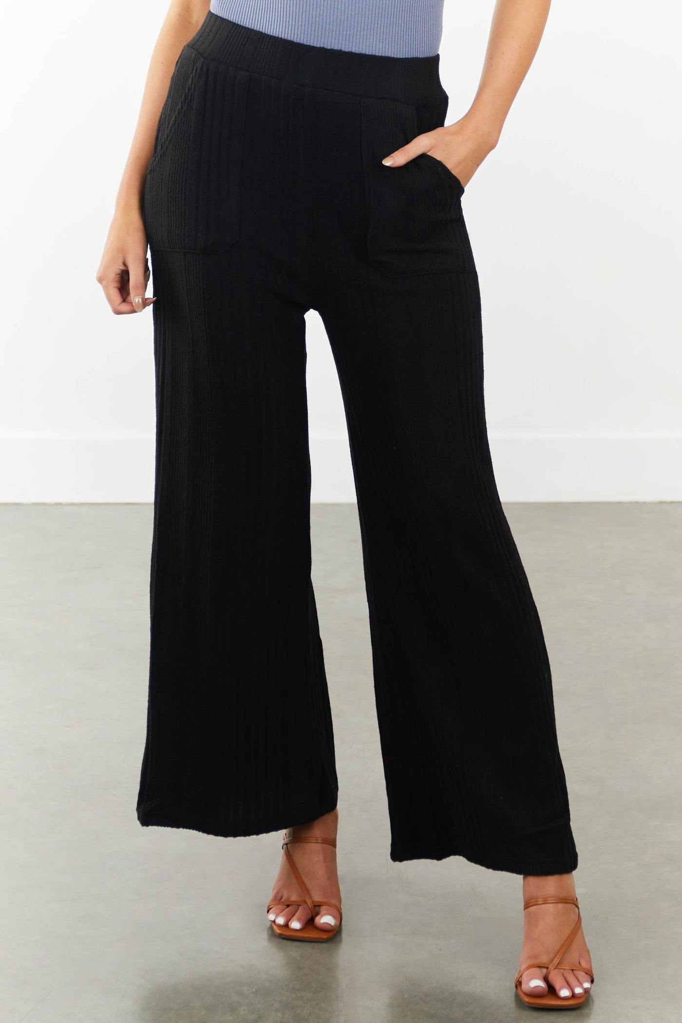 Black Wide Leg Ribbed Pants with Side Pockets