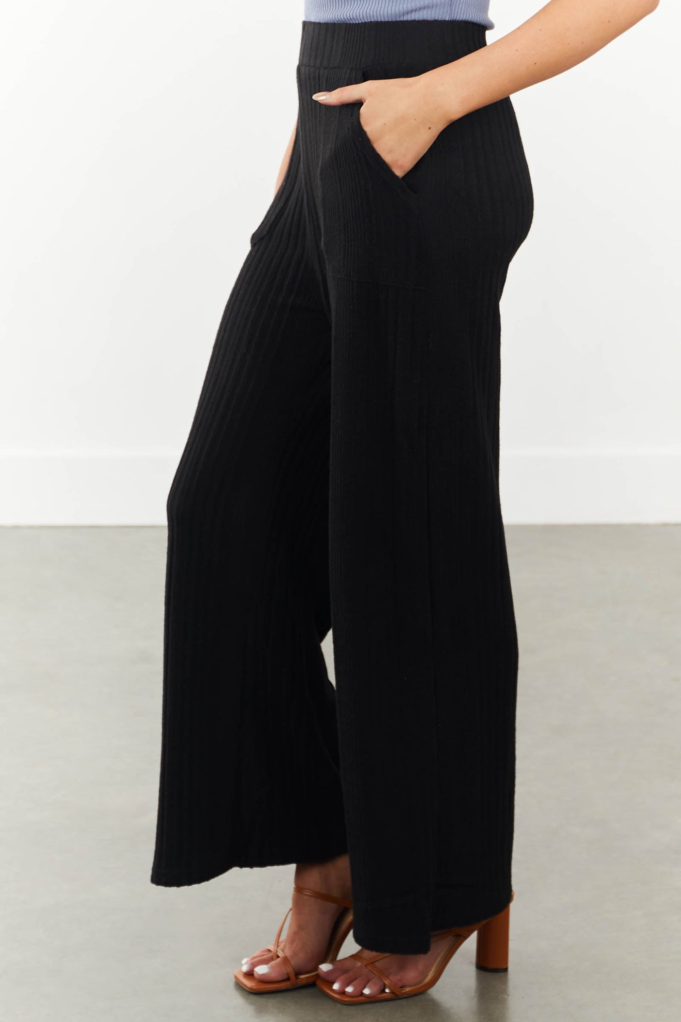 Black Wide Leg Ribbed Pants with Side Pockets