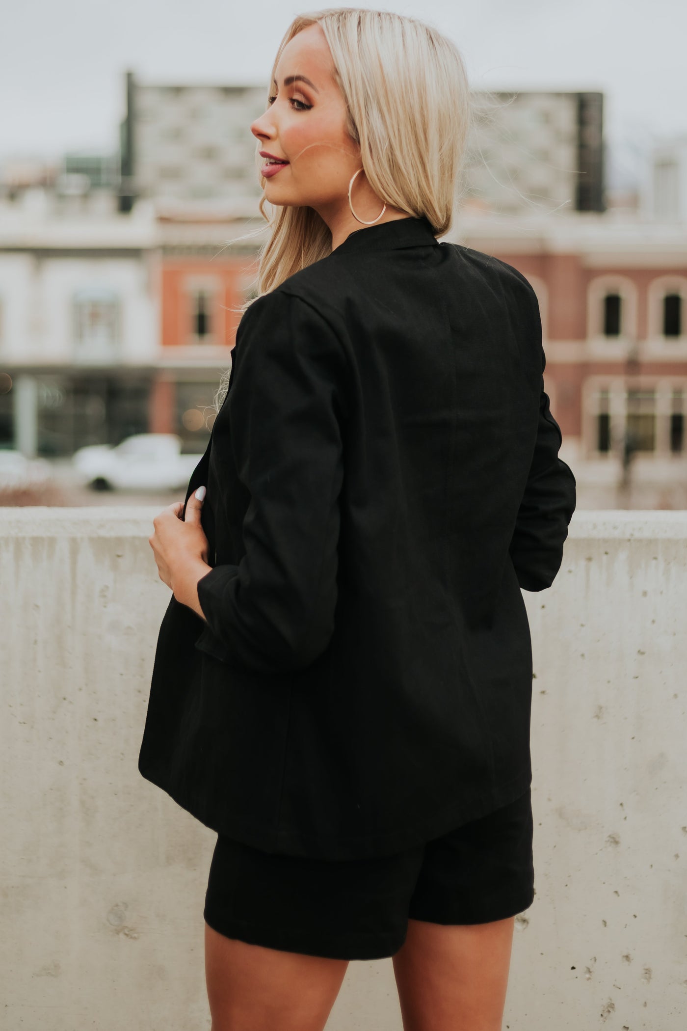 Black Woven Blazer and Drawstring Shorts Set