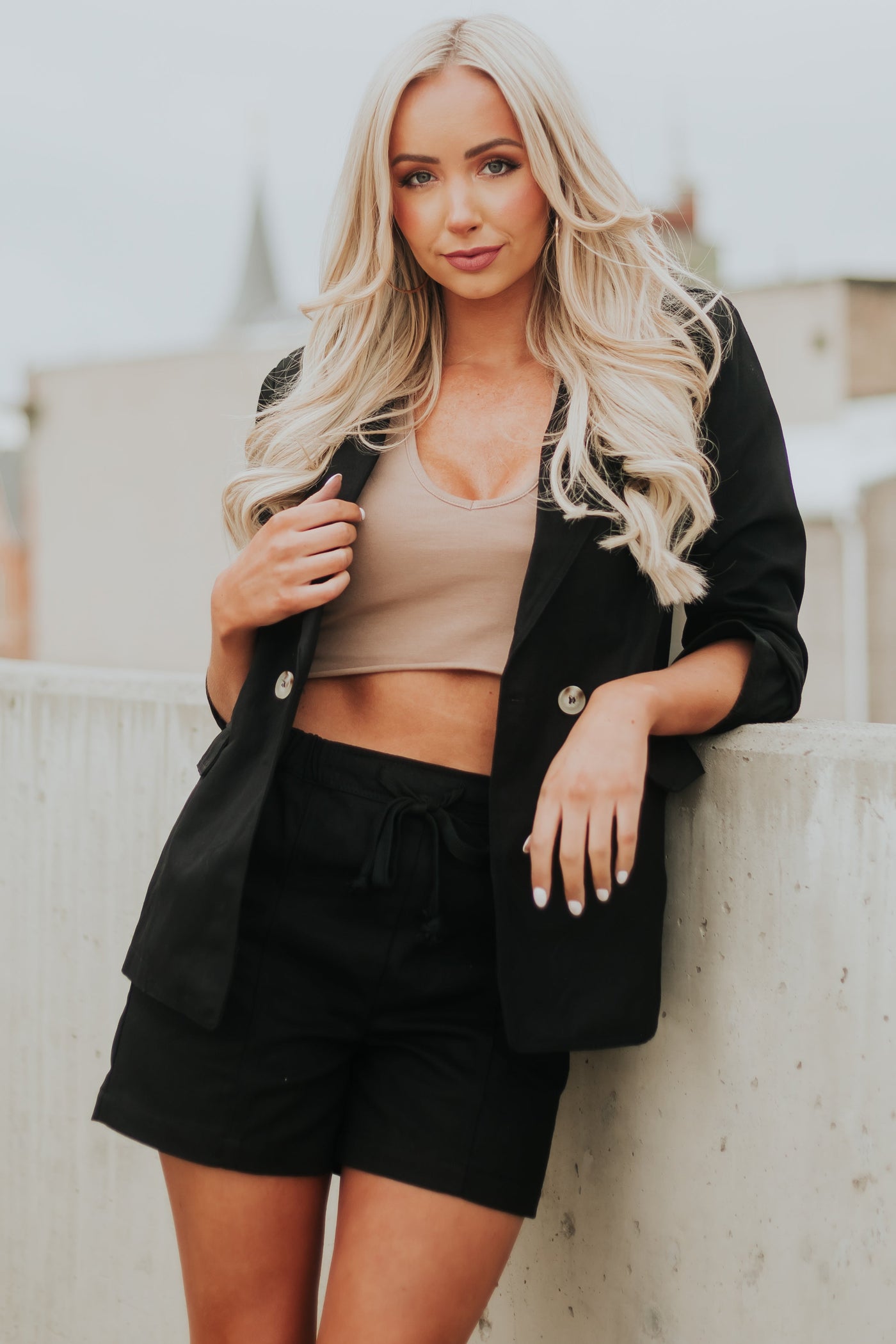 Black Woven Blazer and Drawstring Shorts Set