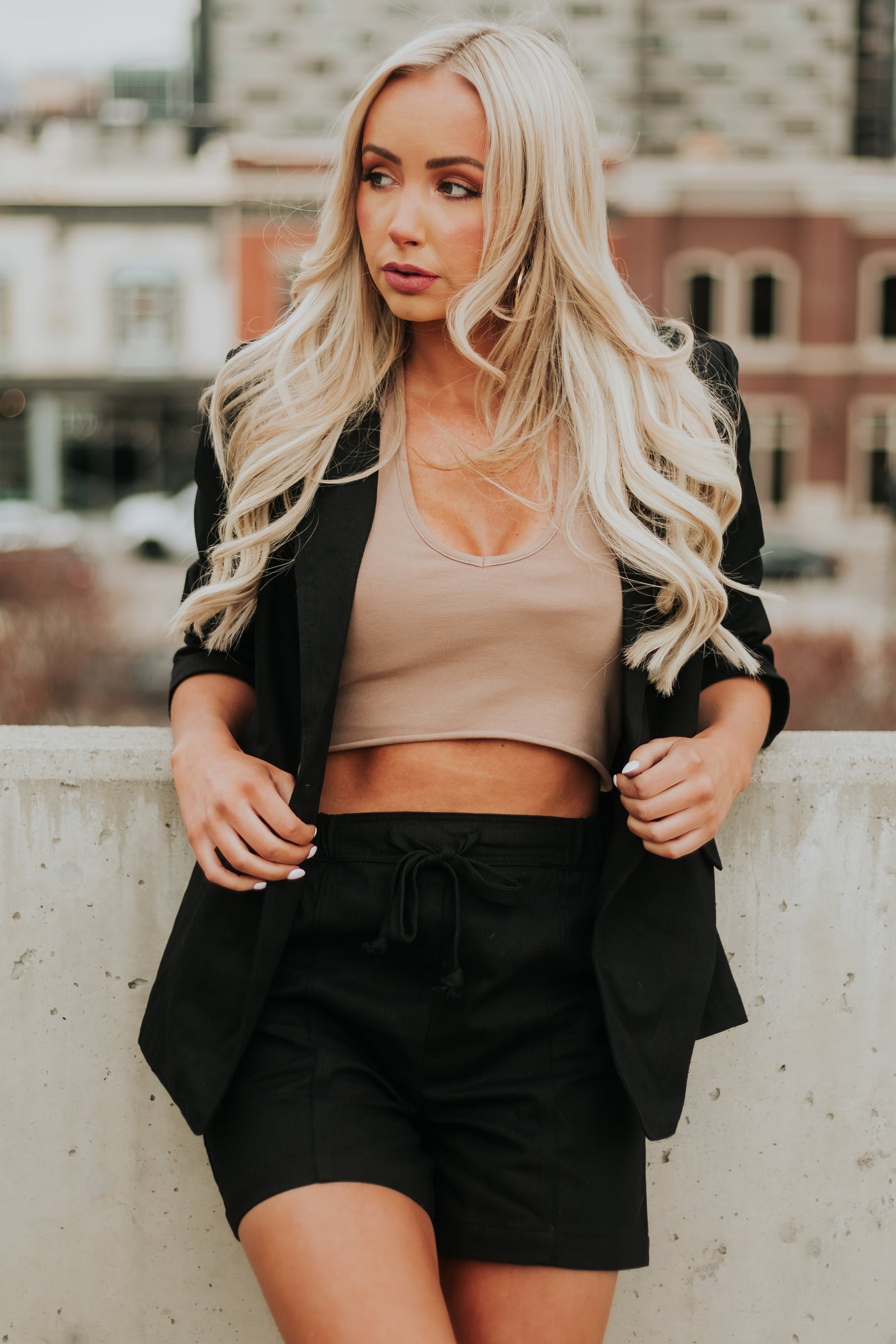 Black Woven Blazer and Drawstring Shorts Set