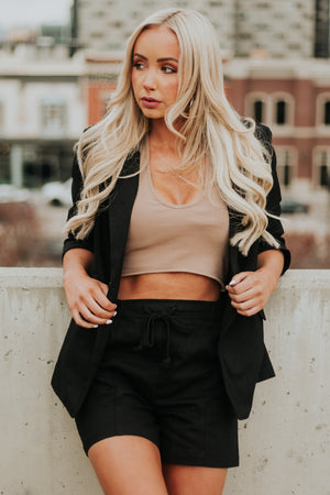 Black Woven Blazer and Drawstring Shorts Set