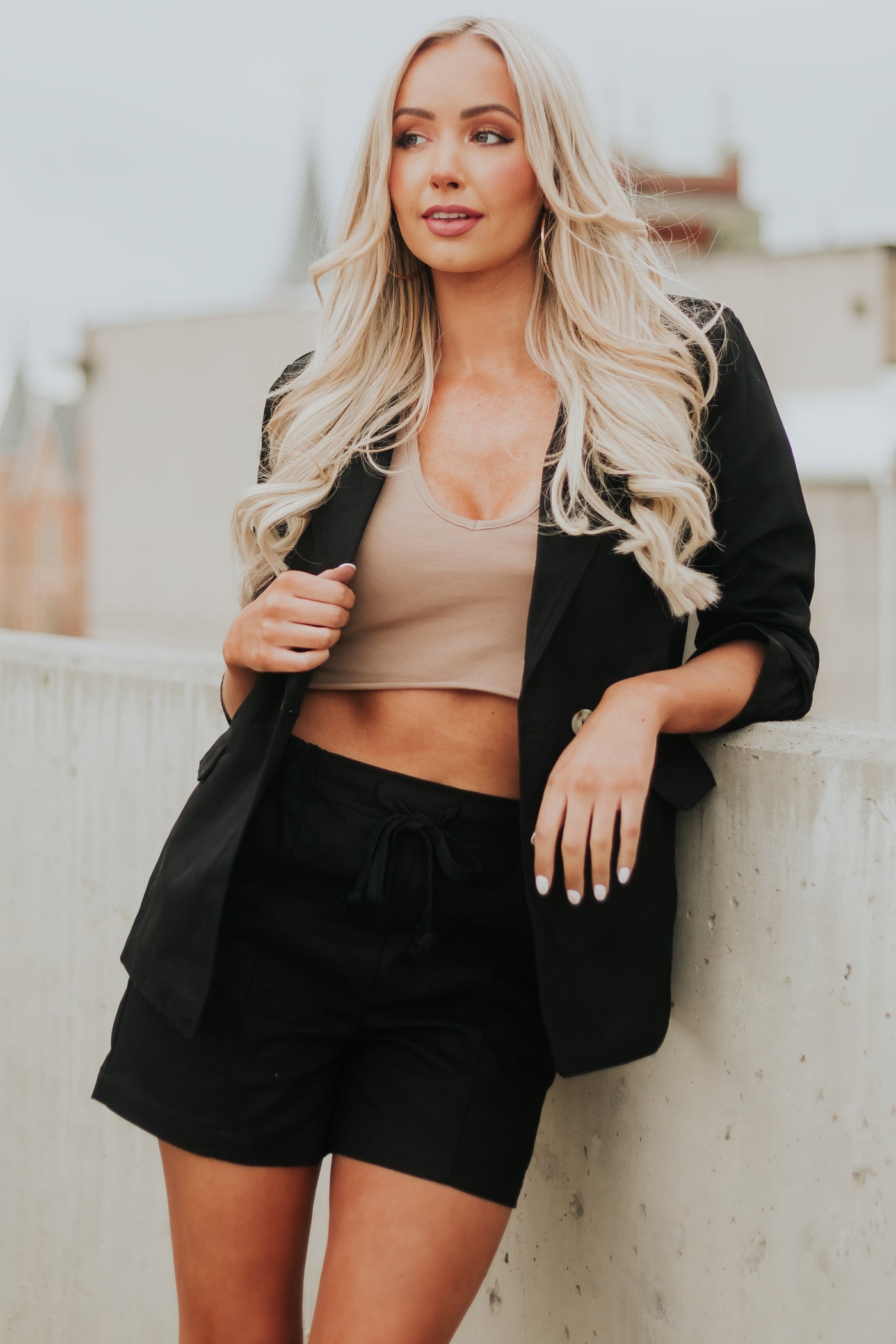 Black Woven Blazer and Drawstring Shorts Set