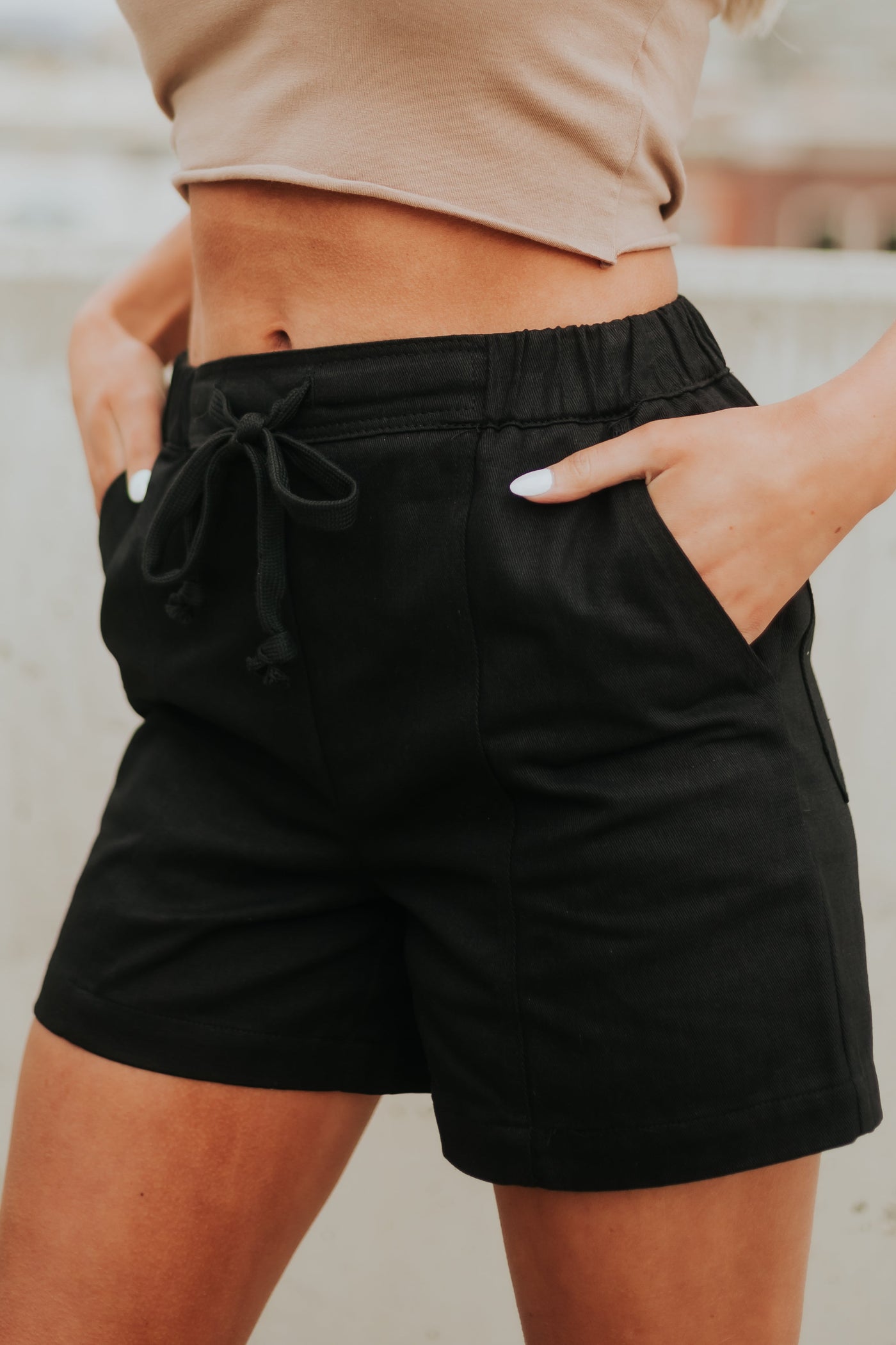 Black Woven Blazer and Drawstring Shorts Set