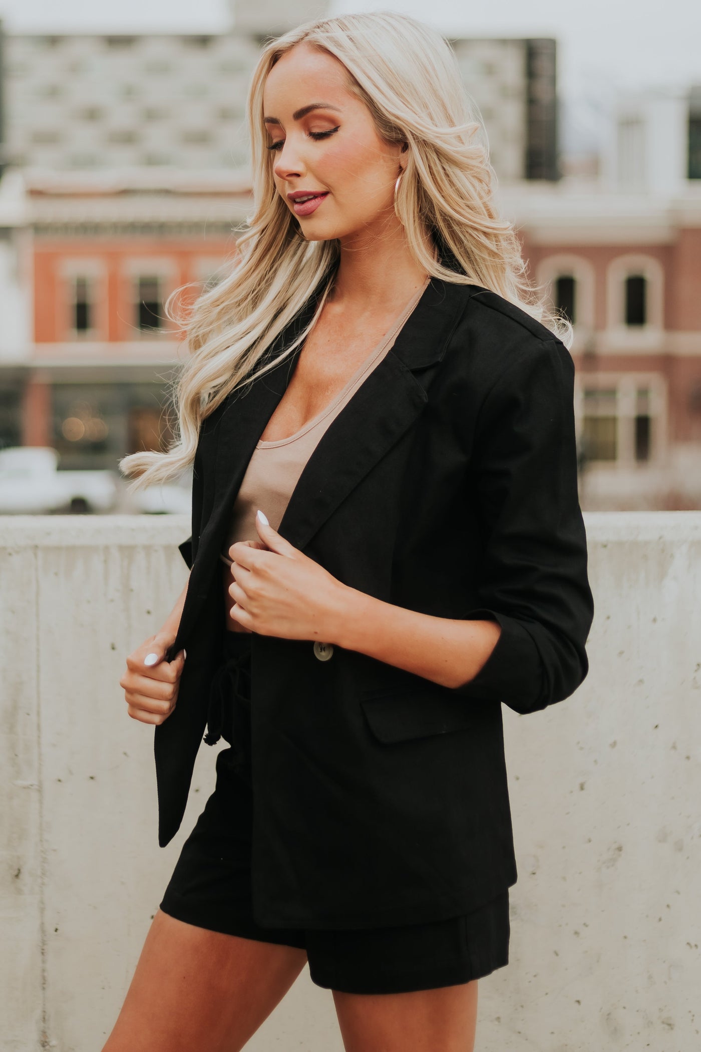 Black Woven Blazer and Drawstring Shorts Set