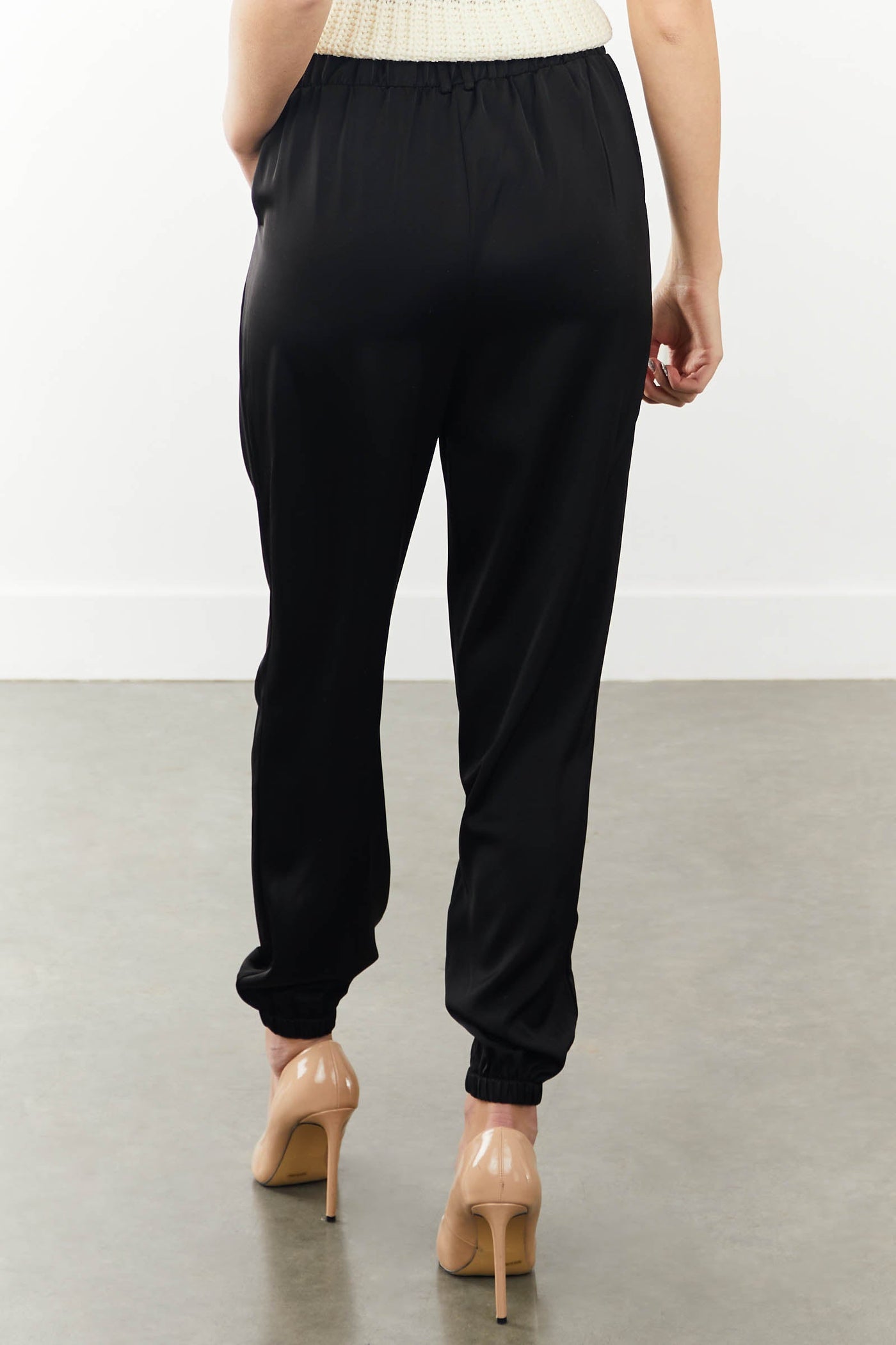 Black Zipper Fly Satin Jogger Pants with Pockets
