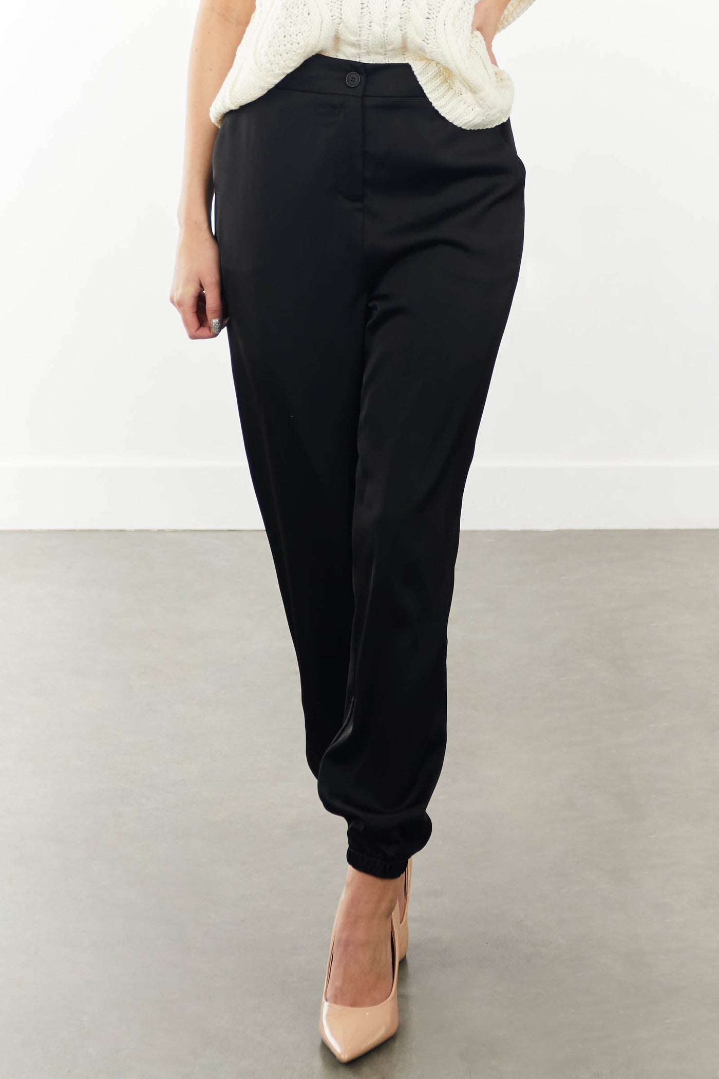 Black Zipper Fly Satin Jogger Pants with Pockets