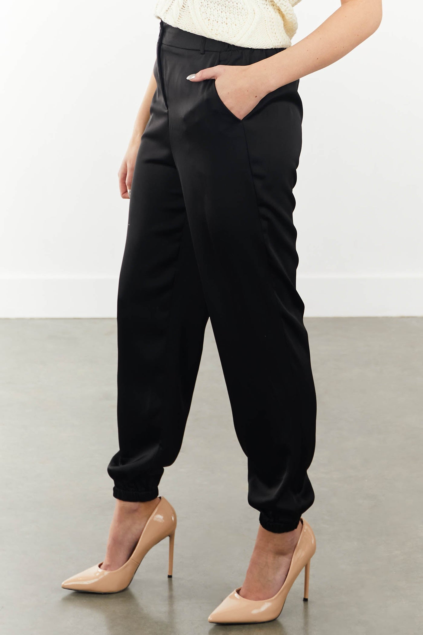 Black Zipper Fly Satin Jogger Pants with Pockets