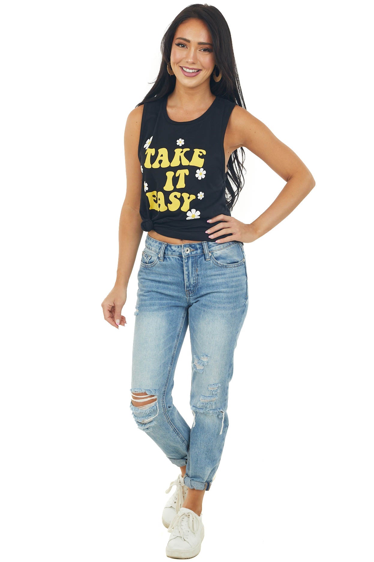 Black 'Take It Easy' Daisy Graphic Tank Top