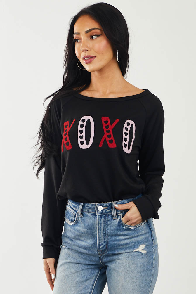 Black 'XOXO' Embroidered Raglan Pullover Top