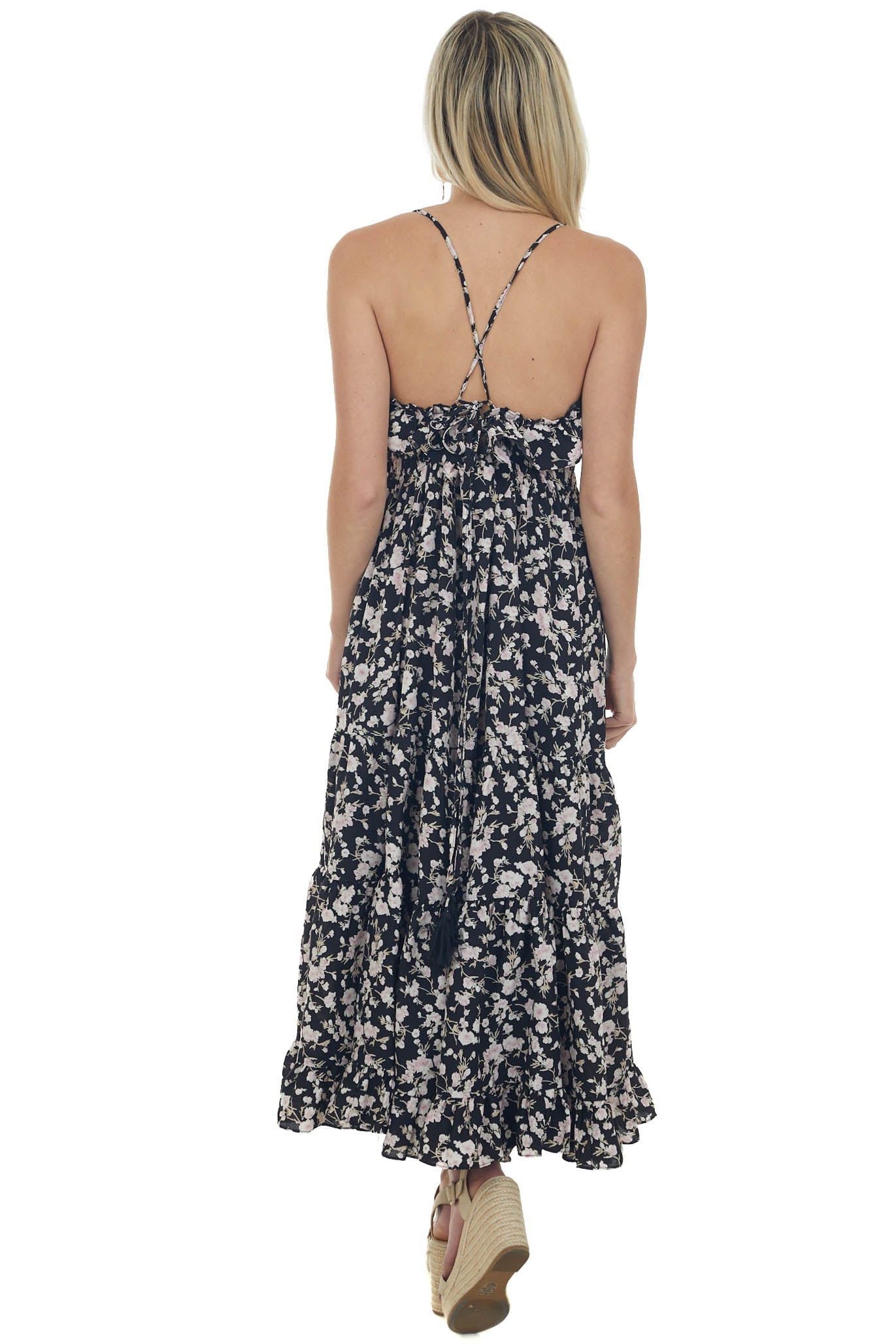 Black and Blush Floral Sleeveless Maxi Dress