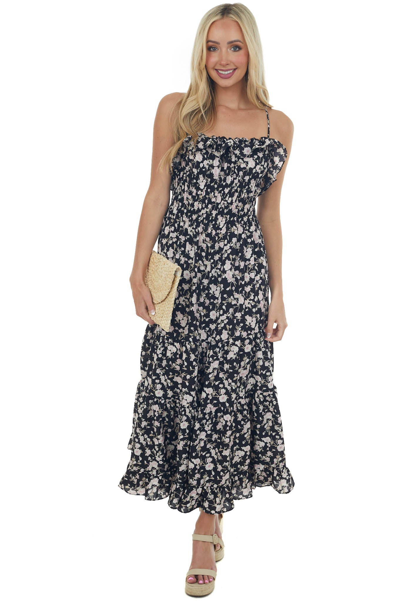 Black and Blush Floral Sleeveless Maxi Dress