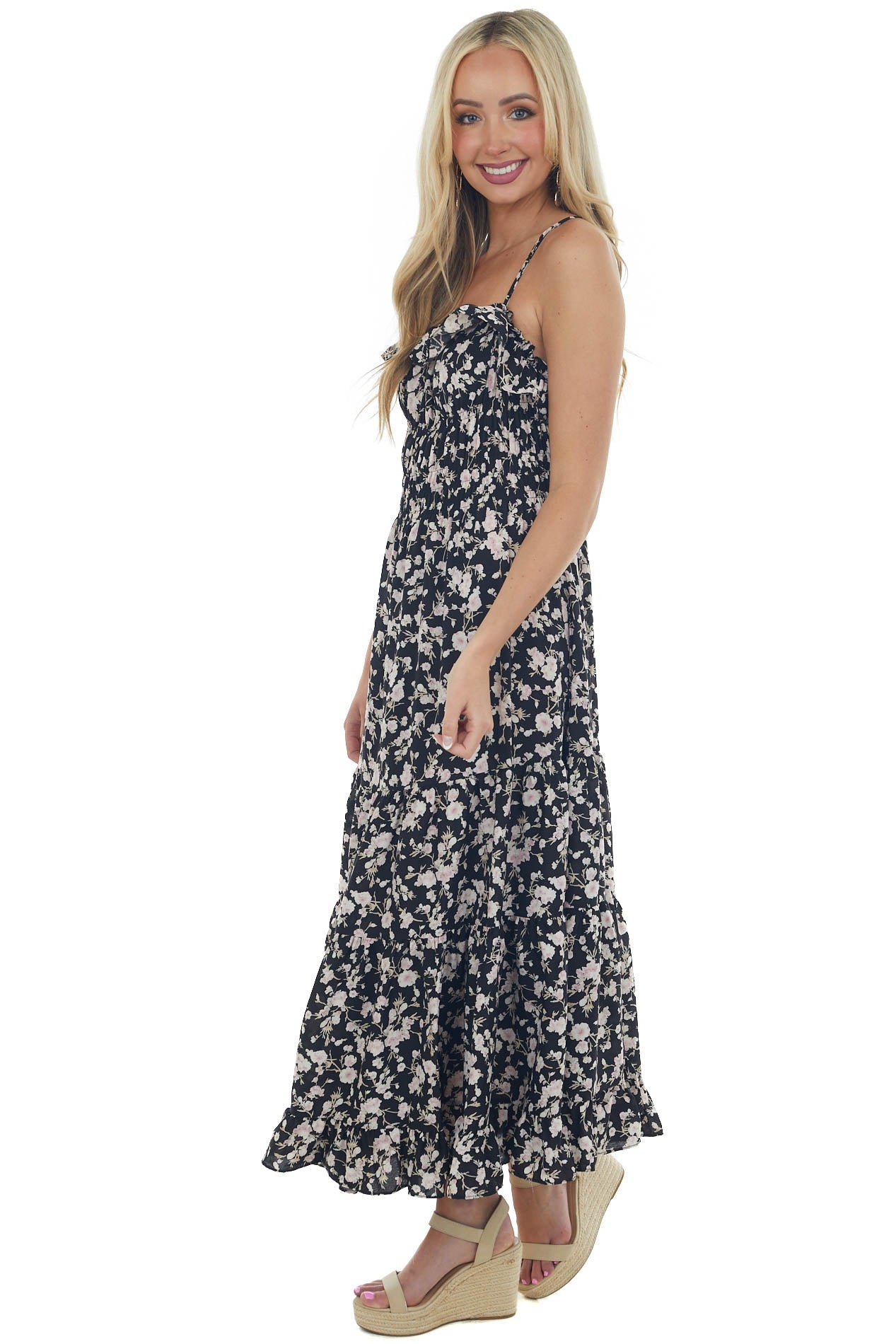 Black and Blush Floral Sleeveless Maxi Dress