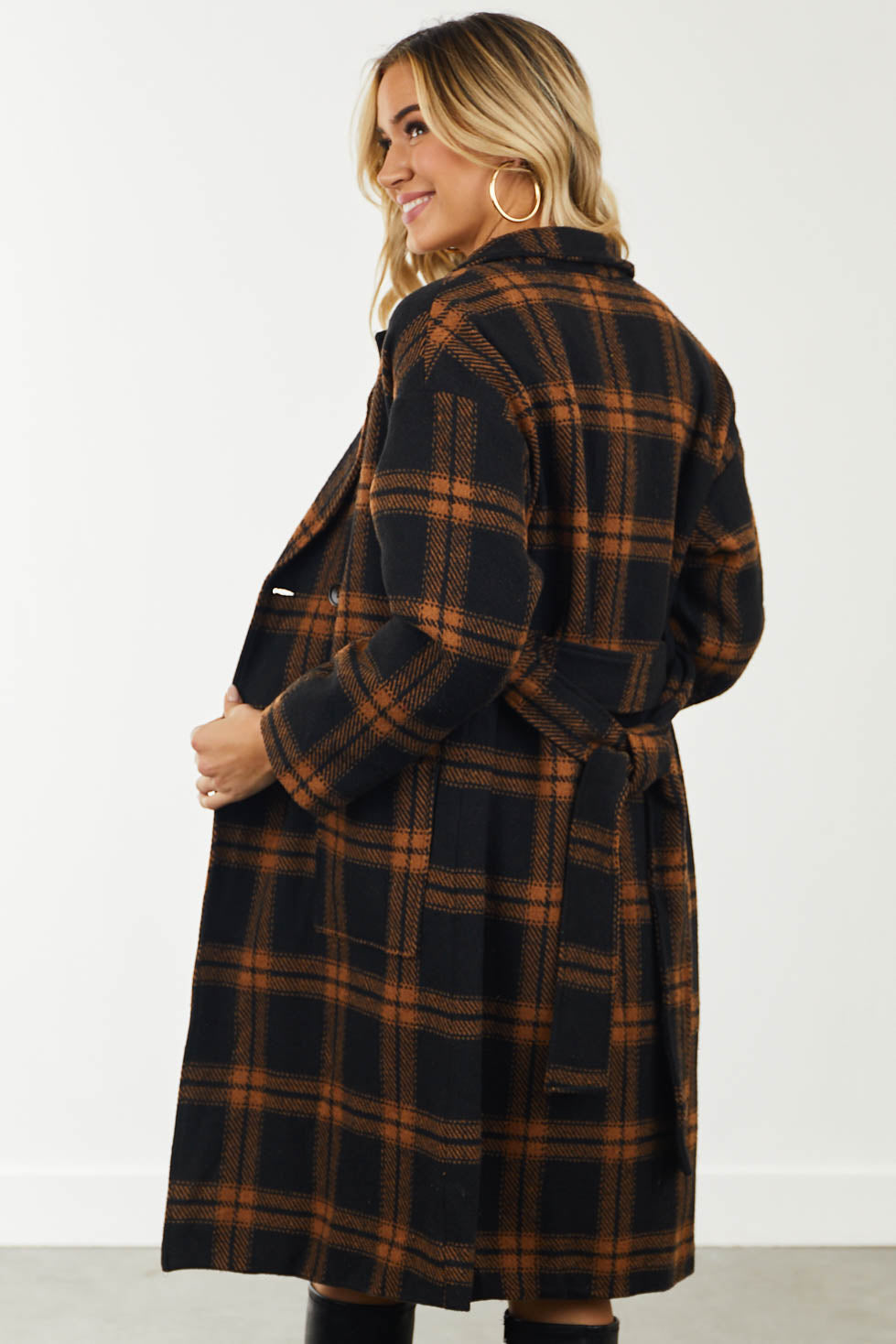 Black and Cognac Plaid Print Woven Trench Coat