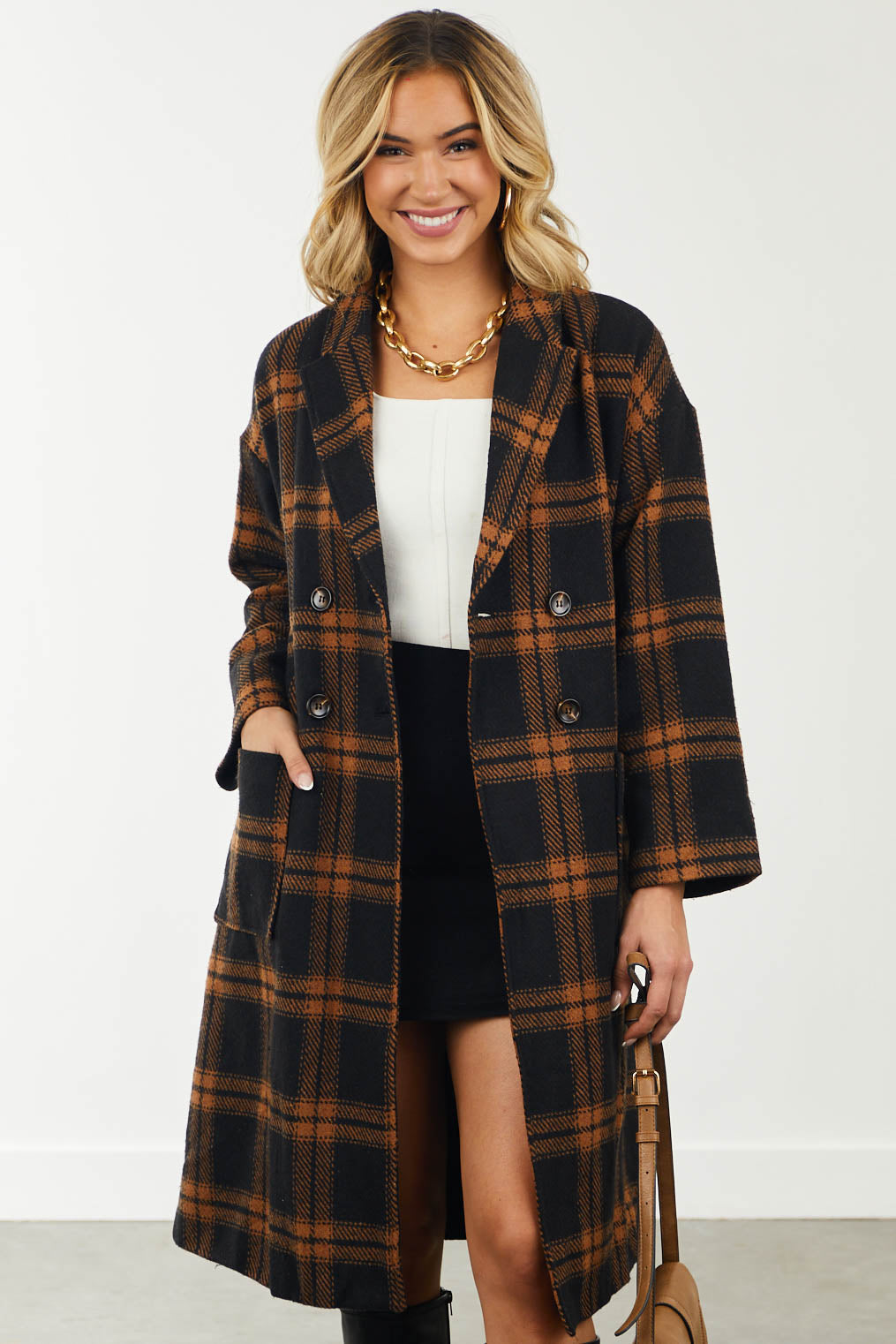 Black and Cognac Plaid Print Woven Trench Coat