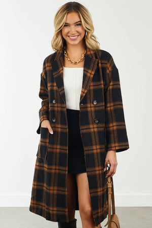 Black and Cognac Plaid Print Woven Trench Coat