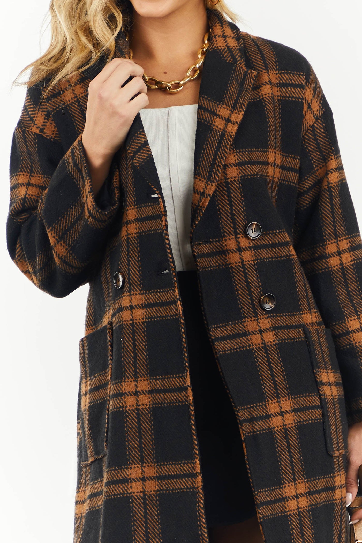 Black and Cognac Plaid Print Woven Trench Coat