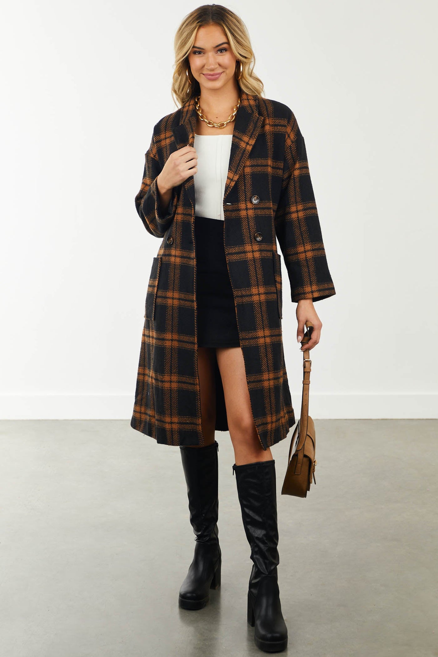 Black and Cognac Plaid Print Woven Trench Coat