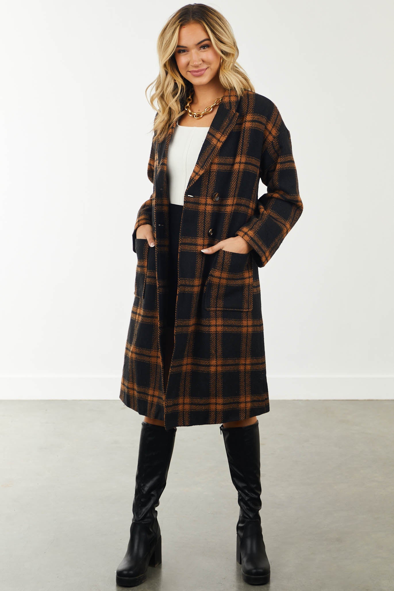 Black and Cognac Plaid Print Woven Trench Coat