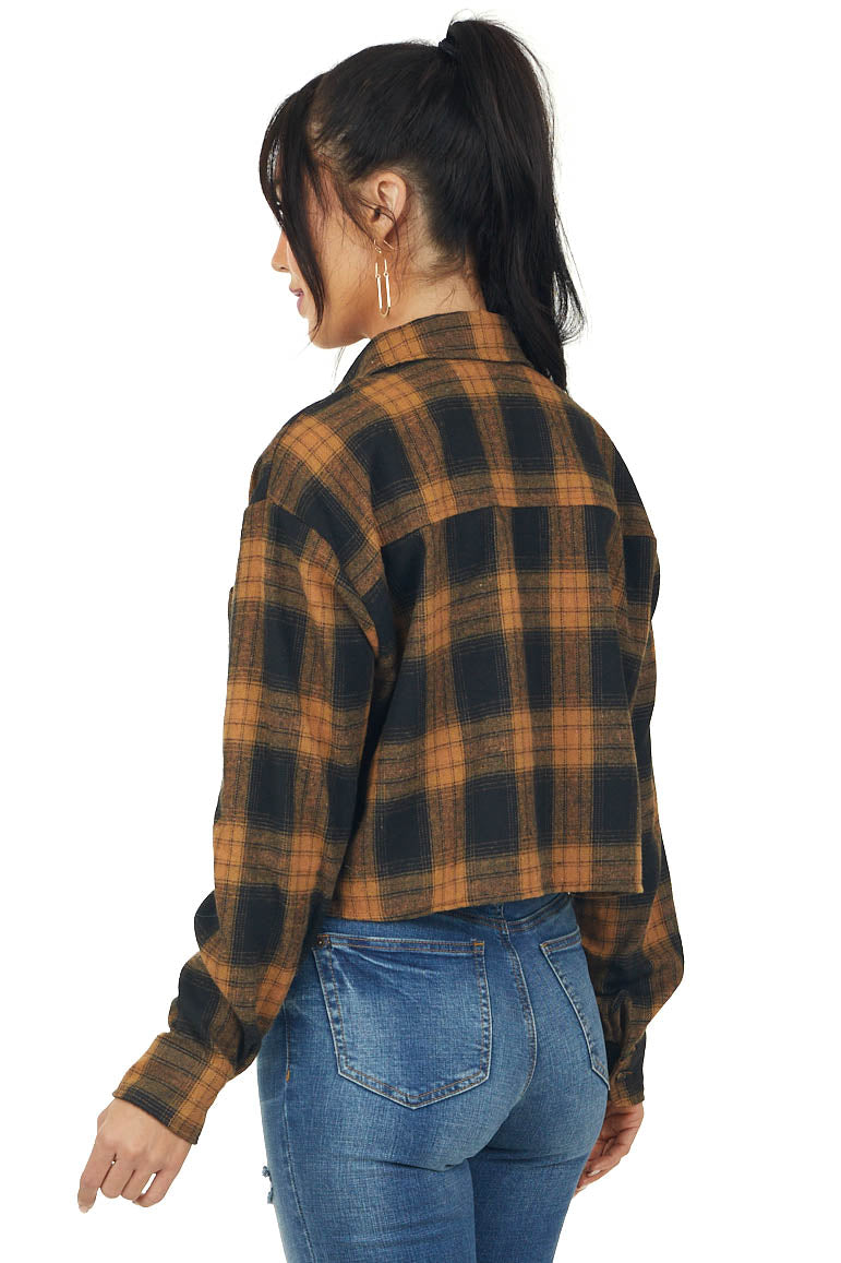Black and Copper Plaid Chest Pocket Crop Top