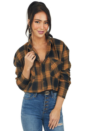 Black and Copper Plaid Chest Pocket Crop Top