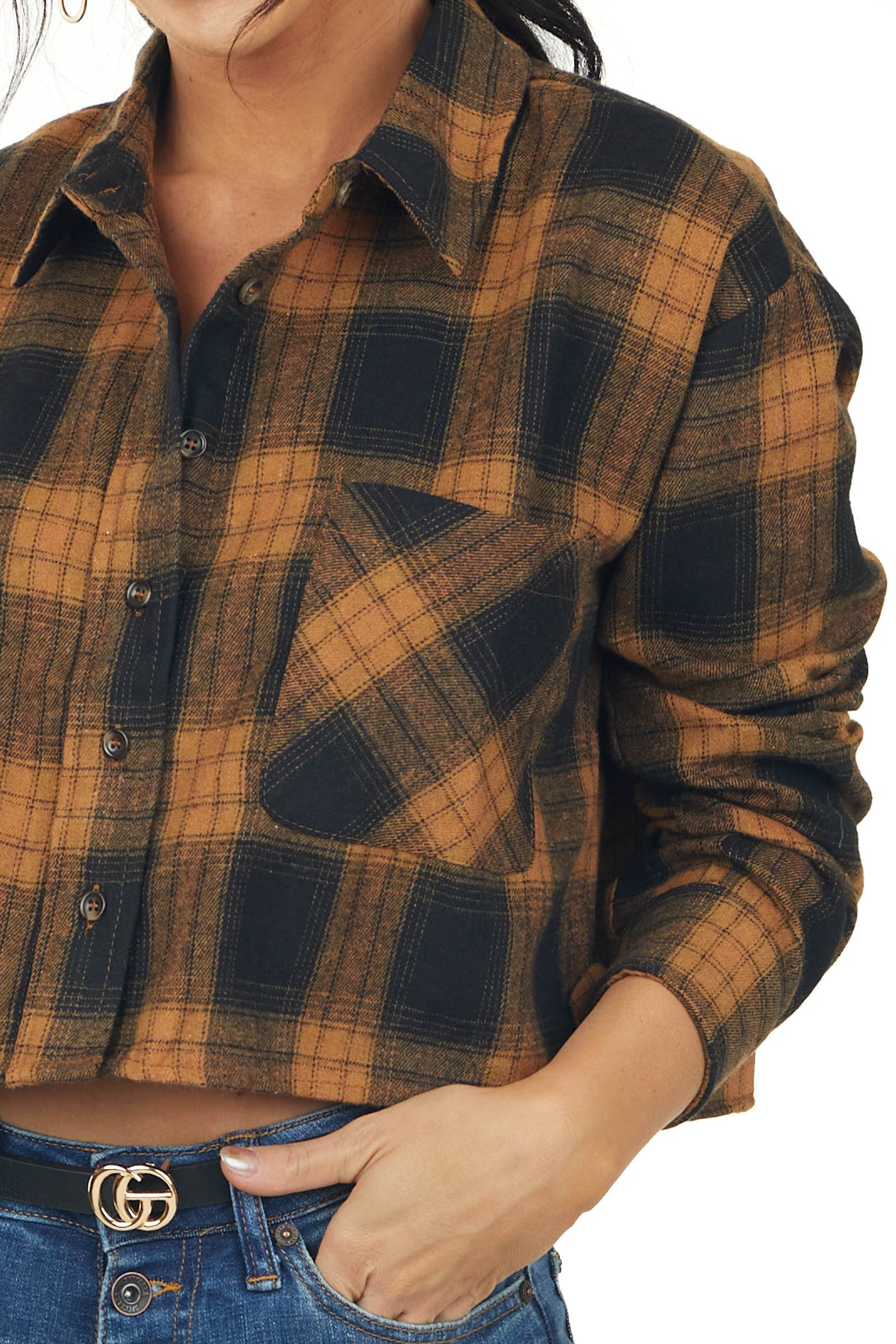 Black and Copper Plaid Chest Pocket Crop Top