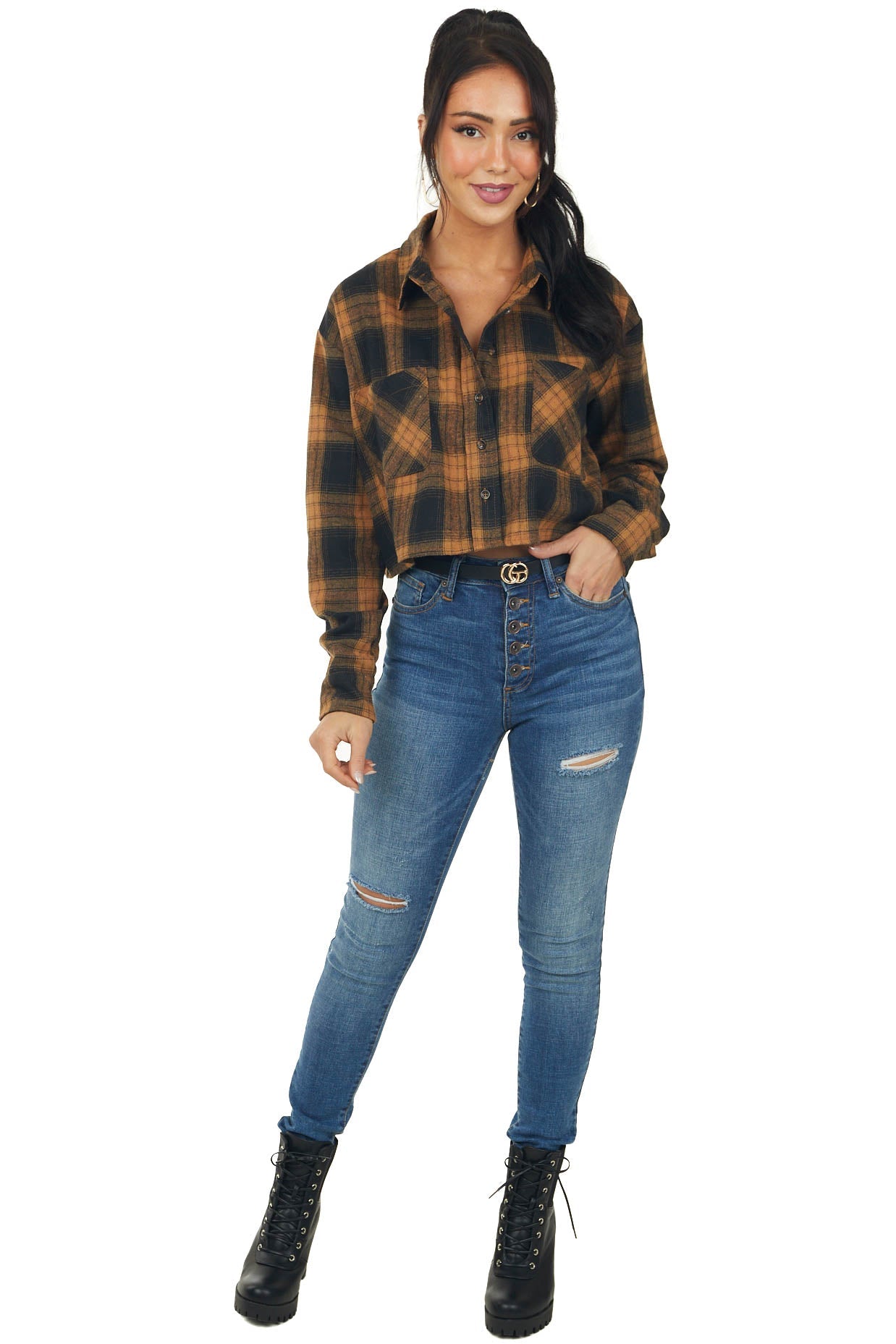 Black and Copper Plaid Chest Pocket Crop Top