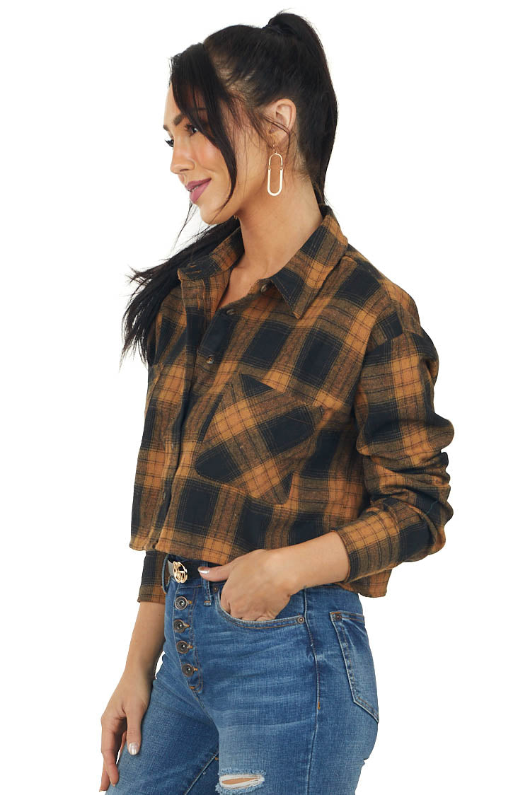 Black and Copper Plaid Chest Pocket Crop Top