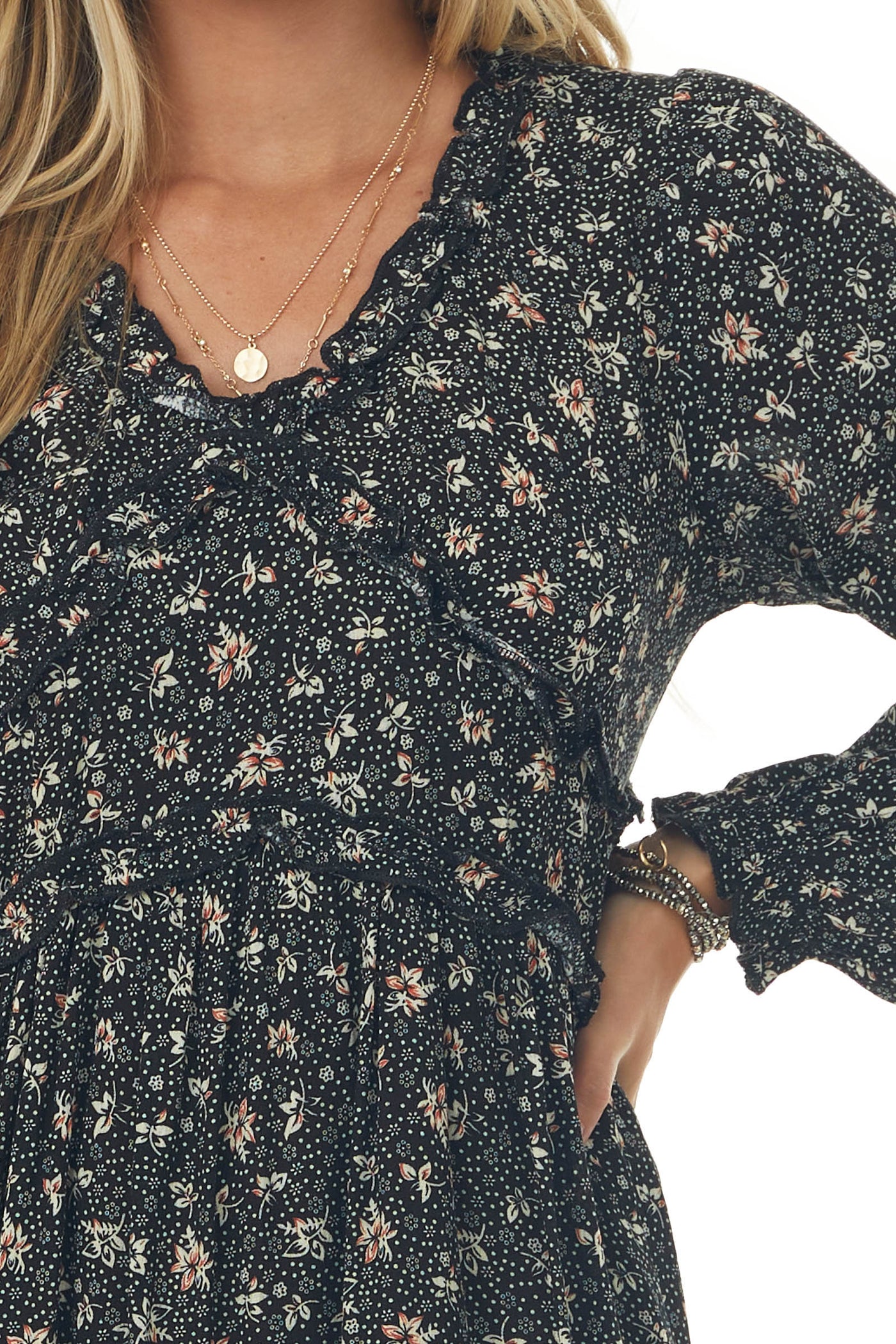 Black and Cream Ditsy Floral Babydoll Dress