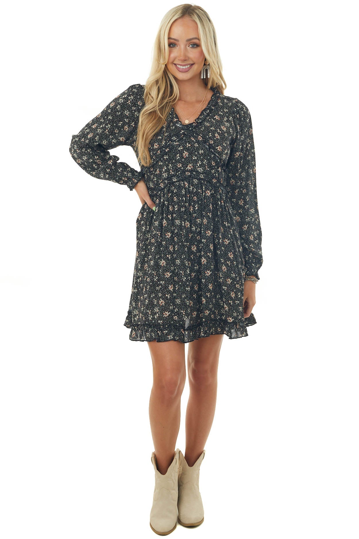 Black and Cream Ditsy Floral Babydoll Dress