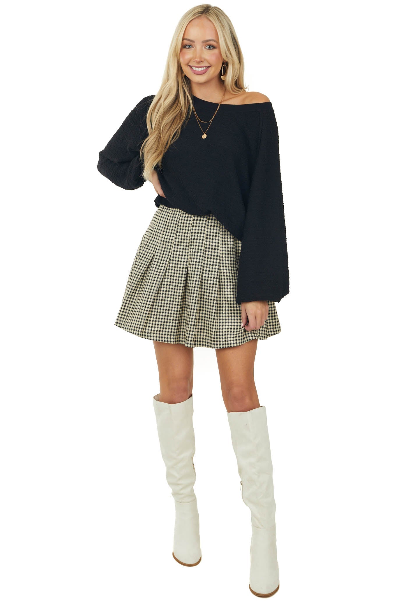 Black and Cream Houndstooth Pleated Skirt