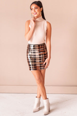 Black and Gold Sequin Plaid Mini Skirt