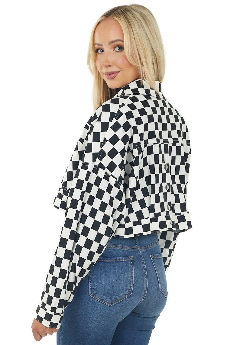 Black and Ivory Checkered Cropped Woven Jacket