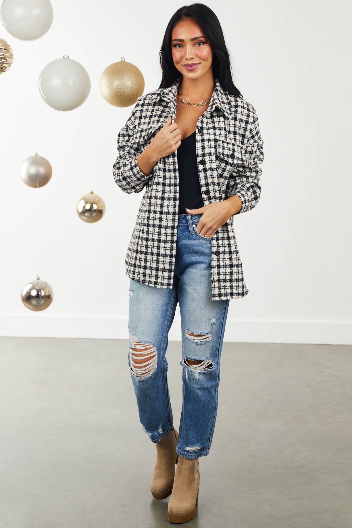 Black and Off White Plaid Oversized Shirt Jacket