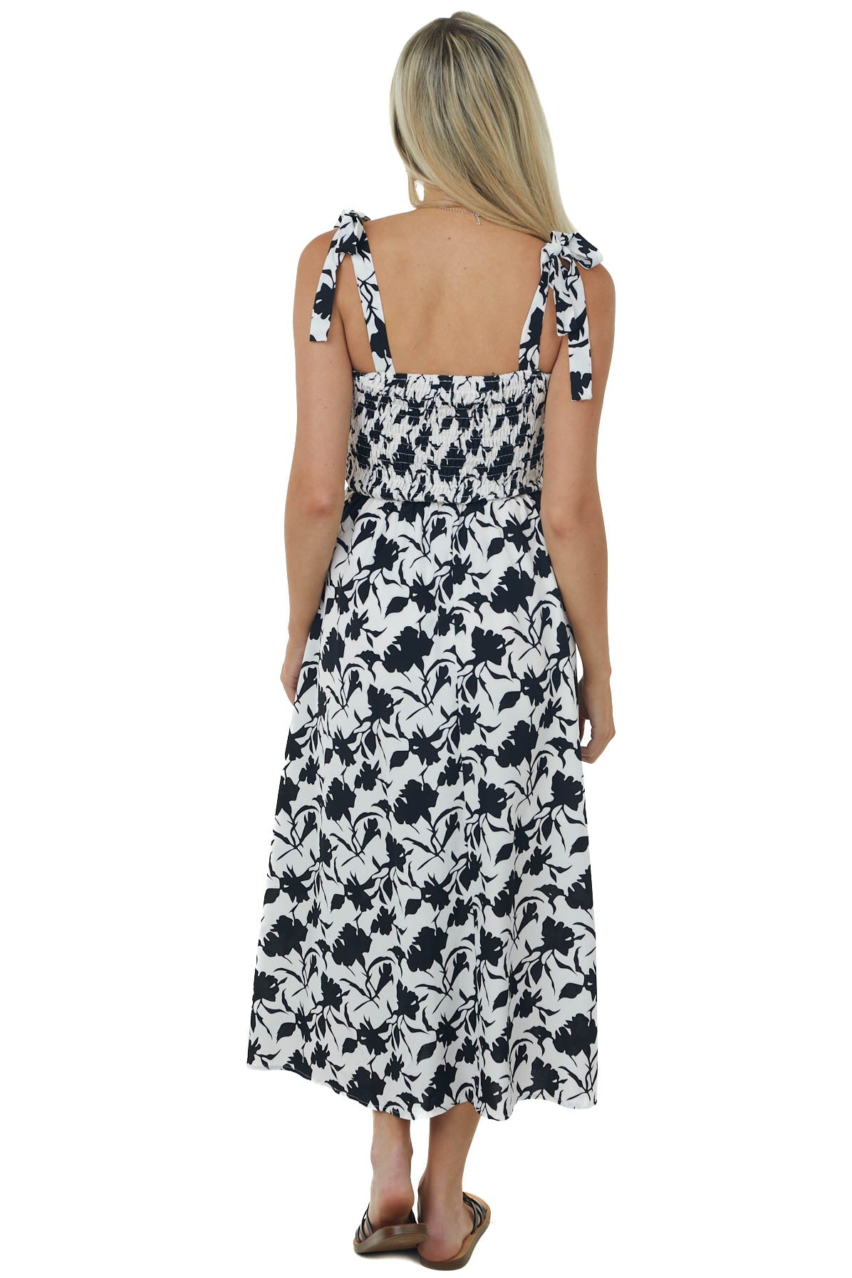 Black and Off White Printed Smocked Midi Dress