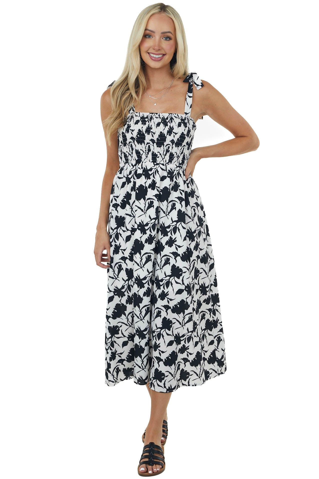 Black and Off White Printed Smocked Midi Dress