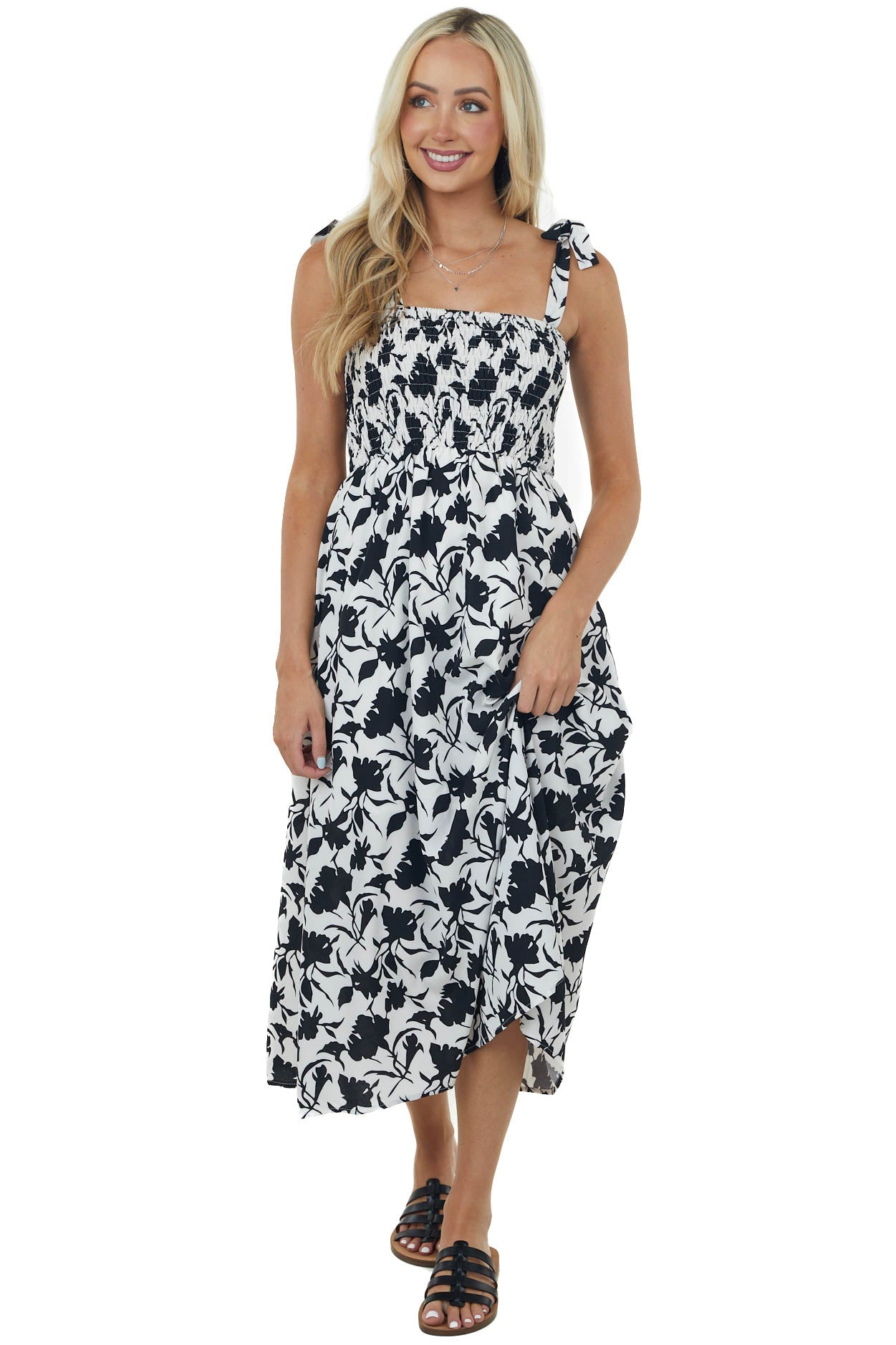 Black and Off White Printed Smocked Midi Dress
