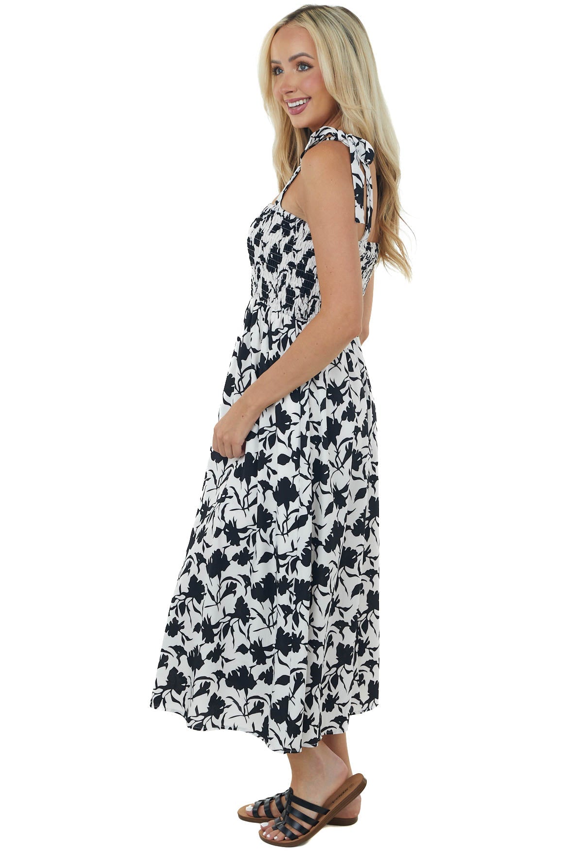 Black and Off White Printed Smocked Midi Dress