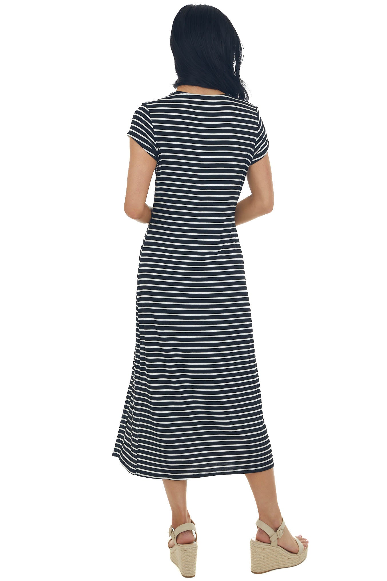 Black and Pearl Striped Side Slit Midi Dress