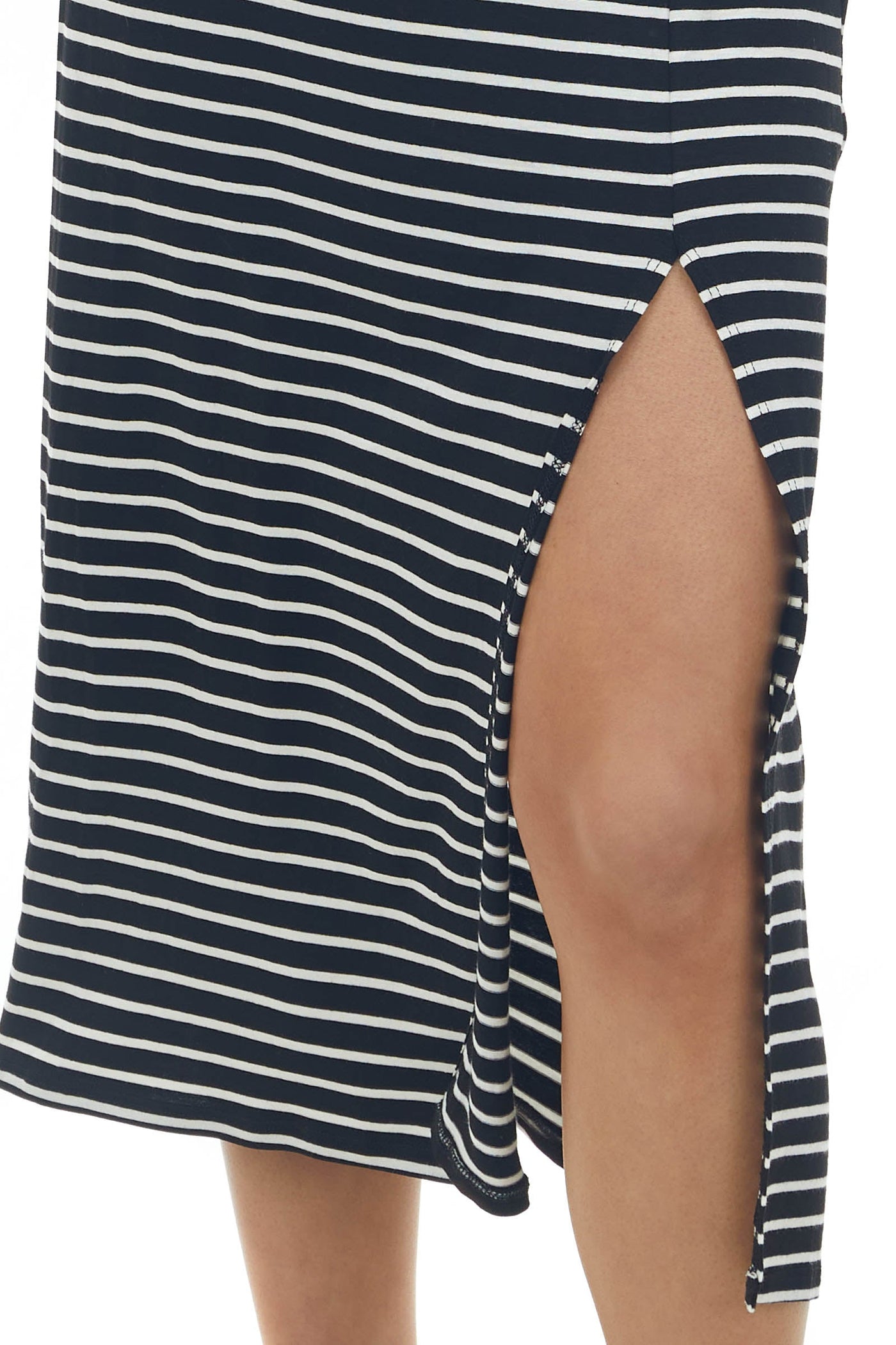 Black and Pearl Striped Side Slit Midi Dress