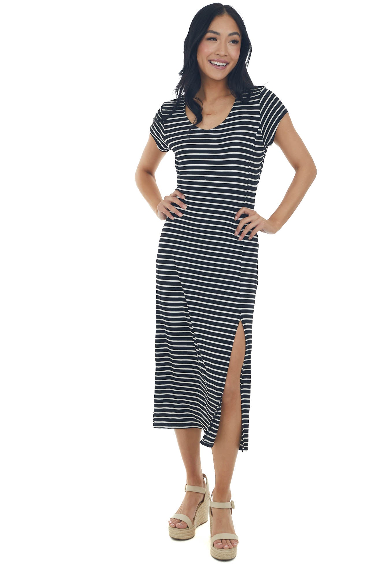 Black and Pearl Striped Side Slit Midi Dress