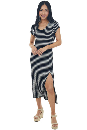 Black and Pearl Striped Side Slit Midi Dress